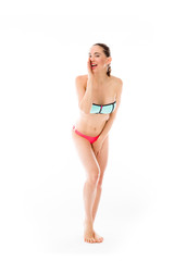 Naklejka premium model isolated on plain background calling shouting