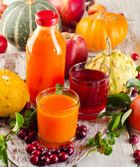 Healthy fresh Juices, fruits  and vegetables - autumn still life