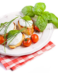 Fresh vegetables and bruschetta sandwiches with cottage cheese