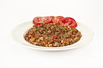 Turkish Kokorec - lamb intestine food portion white background