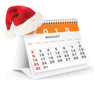 August 2015 desk calendar with Christmas hat