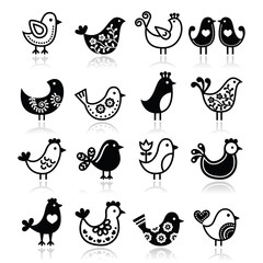 Folk birds vector icons set