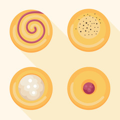 Four cartoon sweet buns. Vector illustration