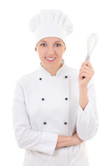 young happy woman in chef uniform with whisk isolated on white