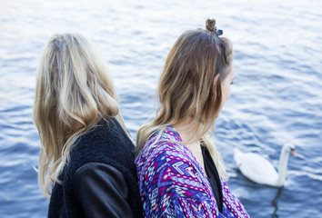 two women by the waterfront and a swan