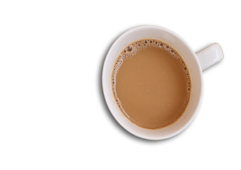 White ceramic cup of coffee on white background