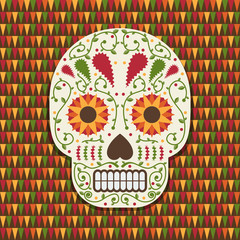 mexican calavera sugar skull decoration on multi color seamless pattern background