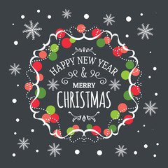Inscription Happy New Year and Merry Christmas. Hand-drawn