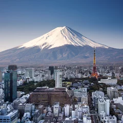 Poster Tokyo bovenaanzicht zonsondergang met Mount Fuji surrealistische fotografie. Japan © 2nix