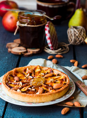 tart with pear jam, apples and caramel