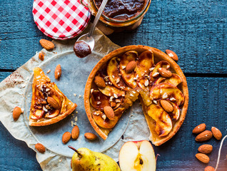 apple tart with caramel, a piece of cake, top view