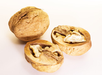 Dried walnuts on white background