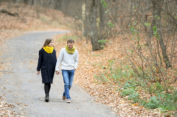The girl and the guy walk on the autumn wood