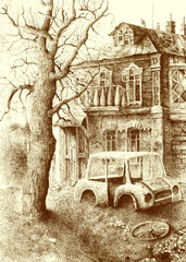 Ink drawing "Old House"
