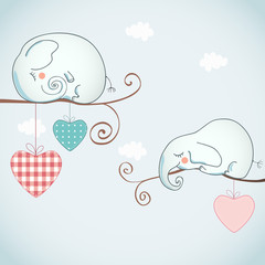 Card design with funny elephants on light background.