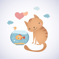 Cat and fish. Funny characters.