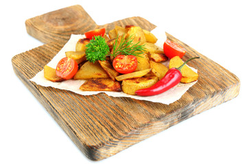 Homemade fried potato on wooden cutting board isolated on white