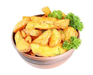 Homemade fried potato in bowl isolated on white