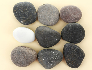 Fototapeta na wymiar Individuality concept. Sea stones on beige background