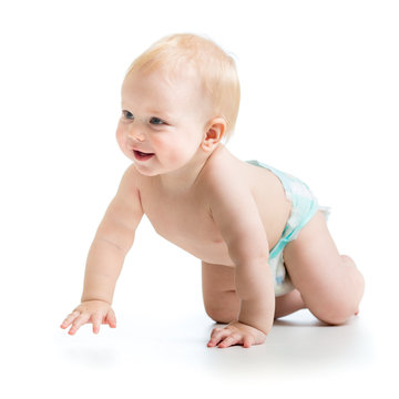 cheerful crawling baby boy isolated on white background