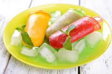 Delicious ice cream on plate on table close-up