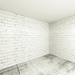 Empty 3d room interior background, corner with white brick walls