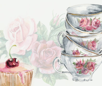 Tea time card. Cup and cake.
