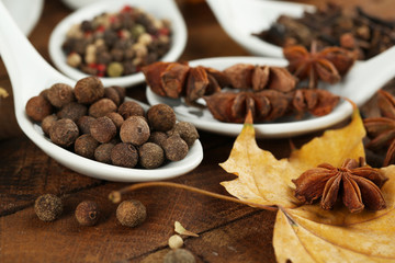 Different spices in spoons with yellow leaves