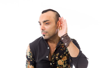 model isolated on plain background listening paying attention