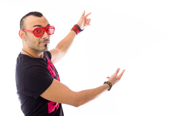 model isolated on plain background looking at camera pointing