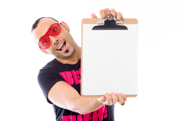 model isolated on white holding a sign