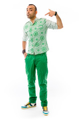 model isolated on plain background pointing to herself