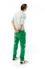 model isolated on plain background back looking behind