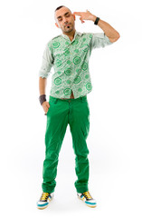 model isolated on plain background hand gesture gun