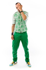 model isolated on plain background confused headache