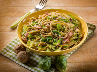 pasta with ham brussels sprout and nuts
