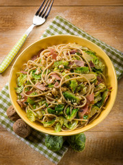pasta with ham brussels sprout and nuts