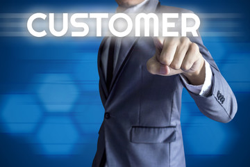 Business man touch modern interface for Customer concept on blue