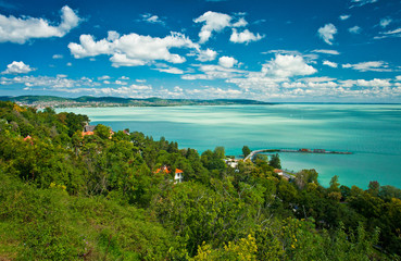 Lake Balaton in Hungary with nice clouds in summer - obrazy, fototapety, plakaty