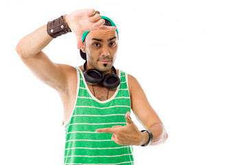 model isolated on plain background hand gesture framing focusing