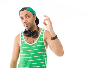 model isolated on plain background hand gesture ok sign