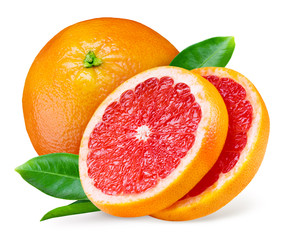 Grapefruit with slices and leaves on white background