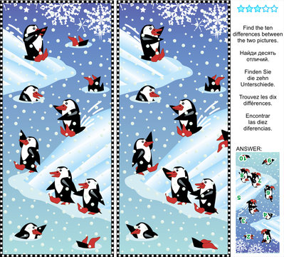 Find the differences visual puzzle - playful penguins