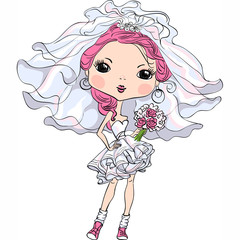 Vector Hipster girl bride in short wedding dress