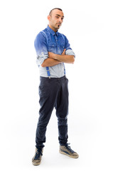 Naklejka premium model isolated on plain background happy smiling arms crossed