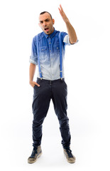 model isolated on plain background nagging scolding with finger