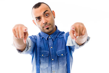 model isolated on plain background fingers pointing to camera