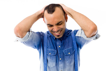 model isolated on plain background stressed upset pulling hairs
