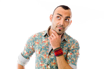 model isolated on plain background thinking