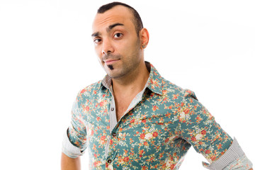 model isolated on plain background pround confident hands on hip